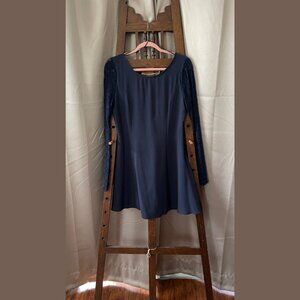 NAVY MINI-DRESS W/ SCOOP NECK & LACE BELL SLEEVES
